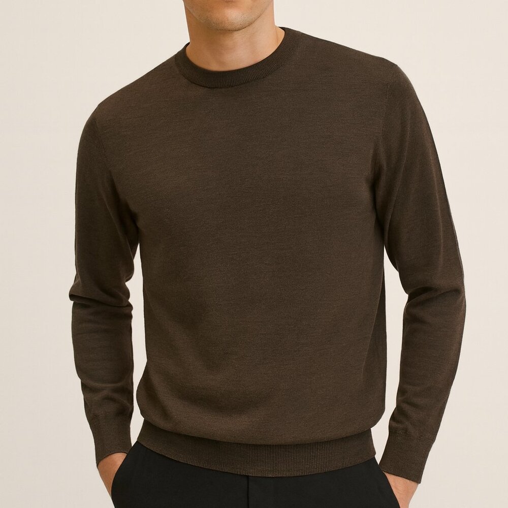 NWOT ZARA 100% Extrafine Wool Men's Brown Crewneck Sweater